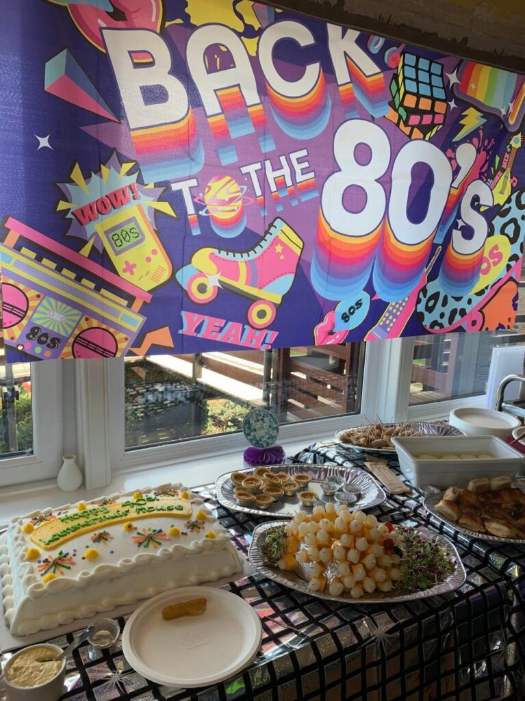 80s themed party decorations and buffet